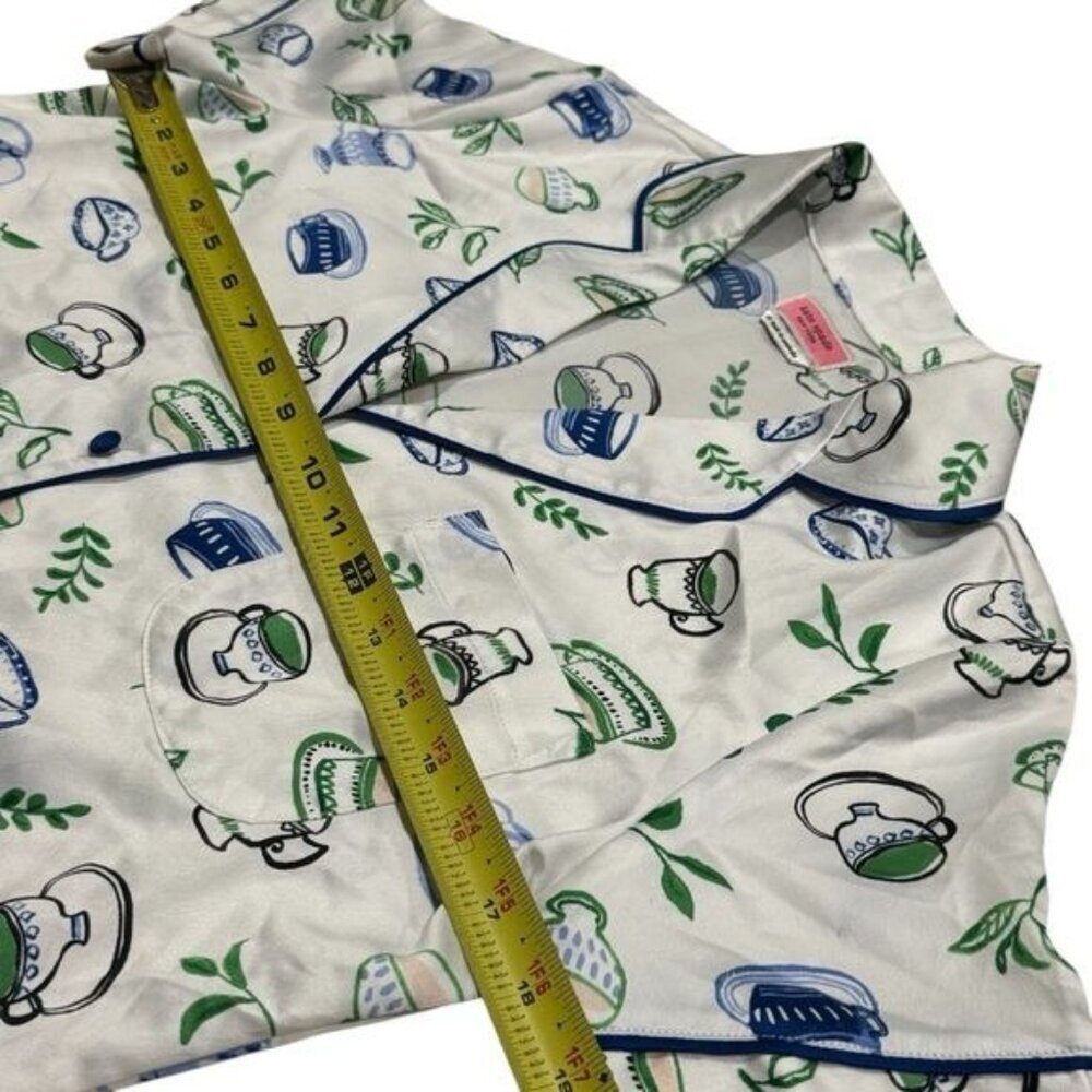 Kate‎ Spade Blue Green Novelty Coffee Print Satin Pajama Top Cozy Feminine XS - Picture 9 of 10
